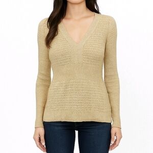 DKNY Jeans Sweater Gold Cotton Blend With Sparkle V Neck Long Puff Sleev…